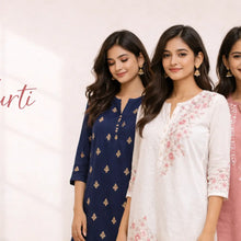 Indian women wearing elegant kurtis with embroidery and traditional styling in a soft neutral background.