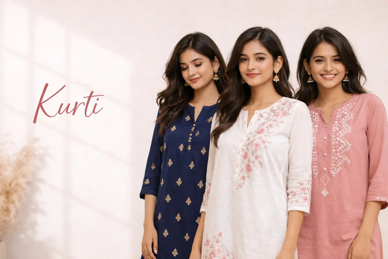 Indian women wearing elegant kurtis with embroidery and traditional styling in a soft neutral background.