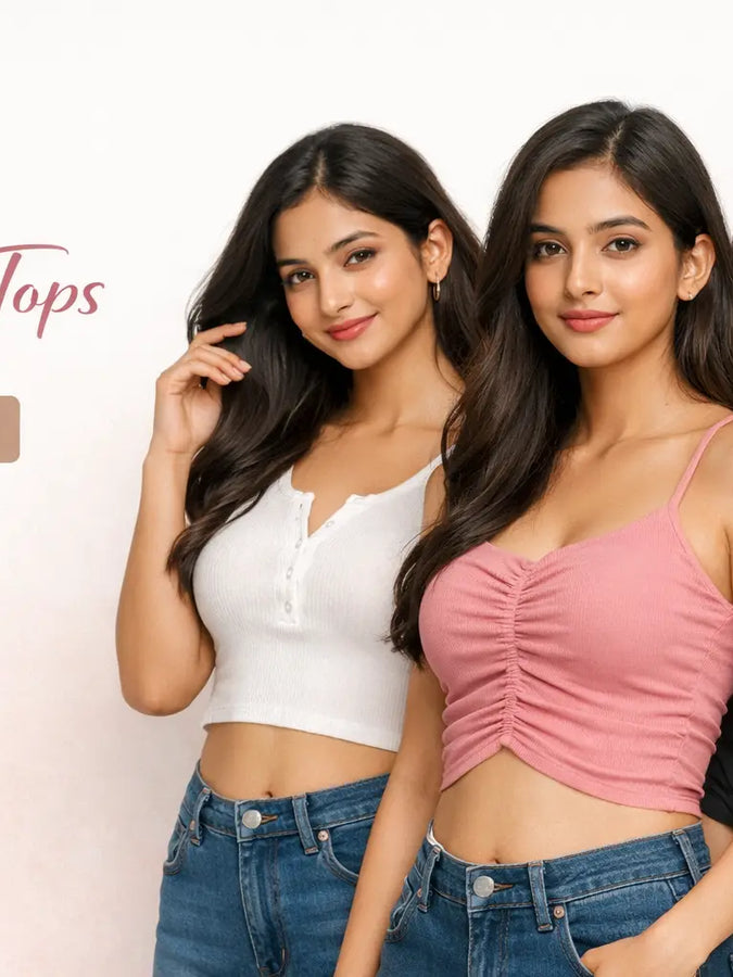 Indian women wearing elegant kurtis with embroidery and traditional styling in a soft neutral background.