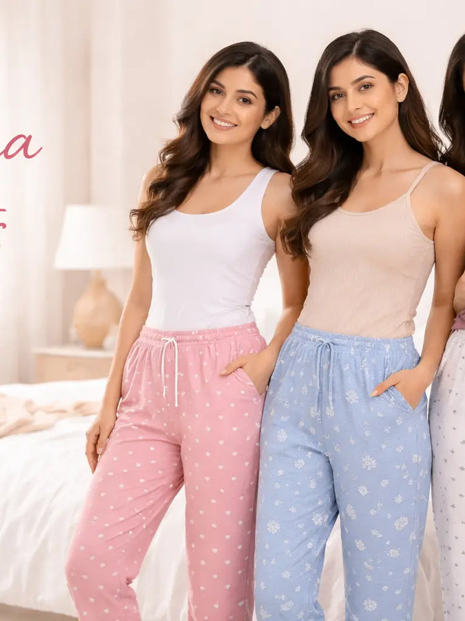 Indian women modeling cozy pajama pants with relaxed fit in soft pastel tones and comfortable styling.