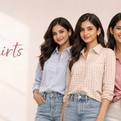 Women wearing stylish button-down shirts in soft pastel colors with a clean and minimal background.