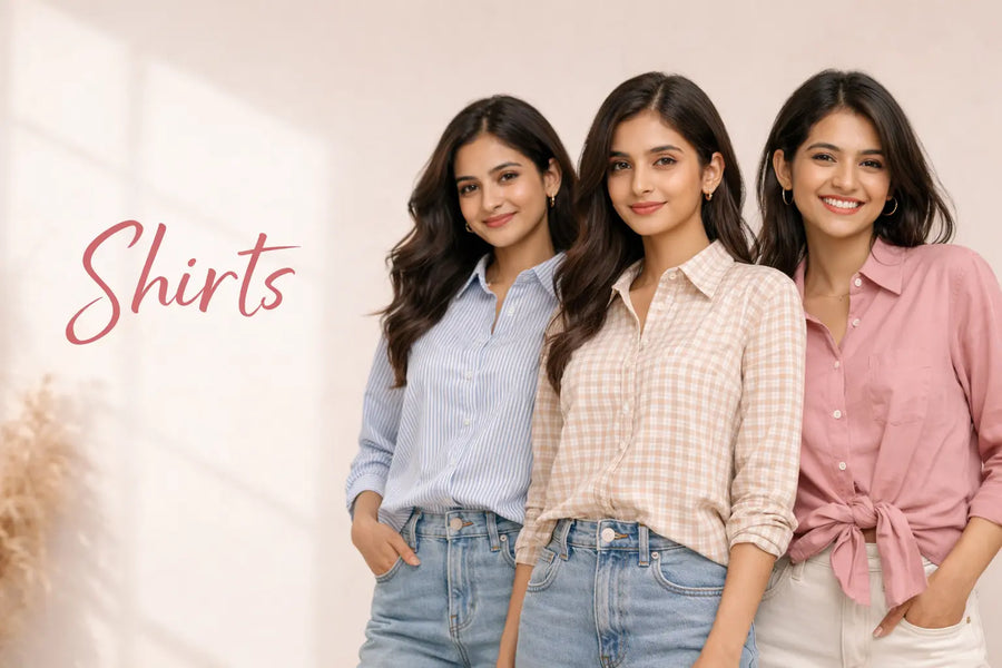 Women wearing stylish button-down shirts in soft pastel colors with a clean and minimal background.