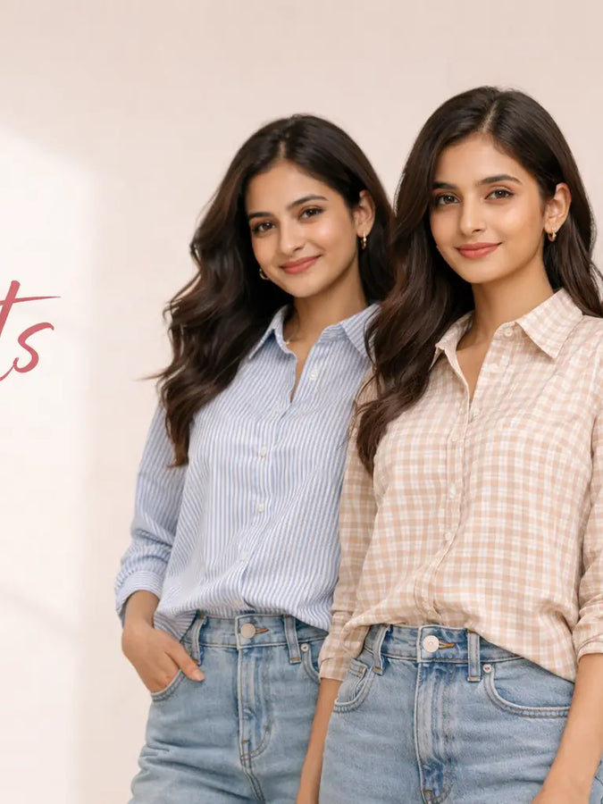 Women wearing stylish button-down shirts in soft pastel colors with a clean and minimal background.