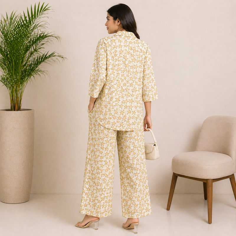 Elegant Cream Star Print Matching Set for Women
