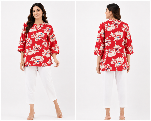 Red Floral Cotton Co-Ord Set for Women | Casual Ethnic Matching Set