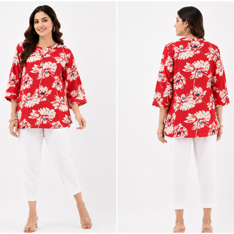 Red Floral Cotton Co-Ord Set for Women | Casual Ethnic Matching Set