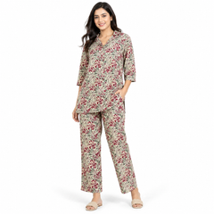 Women Beige Floral Printed Co-Ord Set – Stylish Kurti Pant Set