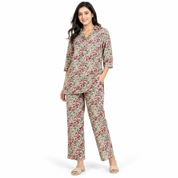 Women Beige Floral Printed Co-Ord Set – Stylish Kurti Pant Set