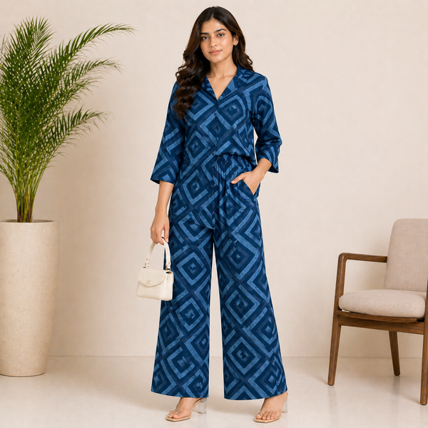 Women Navy Blue Geometric Print Co-Ord Set – Premium Relaxed Shirt & Wide Leg Pants