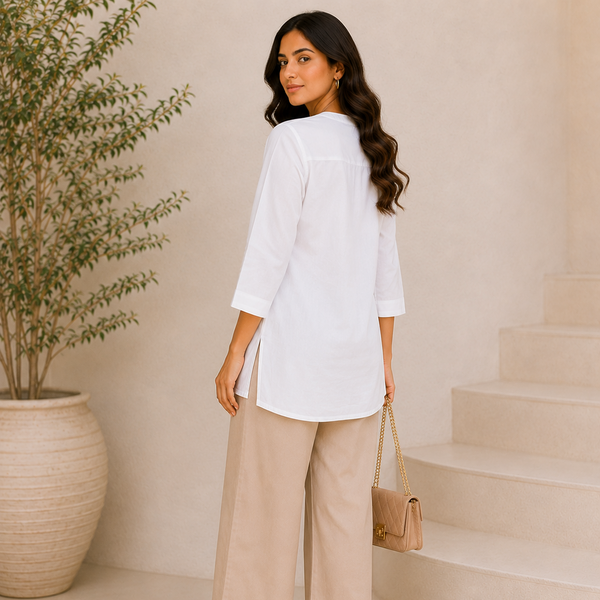 Woman in a white blouse and beige pants standing in a minimalistic room with a plant and staircase.