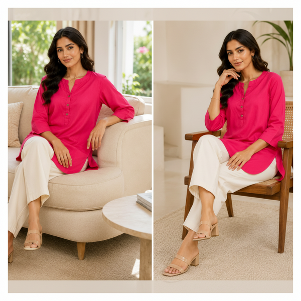 Woman in a pink kurta and white pants sitting on a beige sofa and wooden chair.