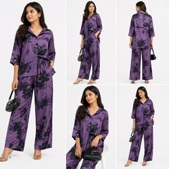 Premium Women Purple Floral Satin Co-Ord Set – Luxury Shirt & Wide Leg Pant Set