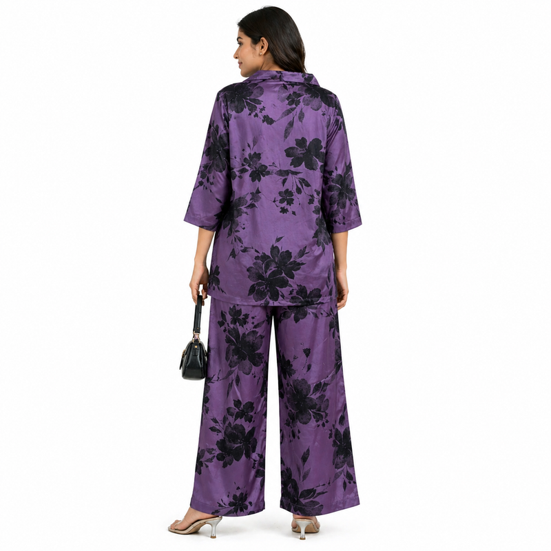 Premium Women Purple Floral Satin Co-Ord Set – Luxury Shirt & Wide Leg Pant Set