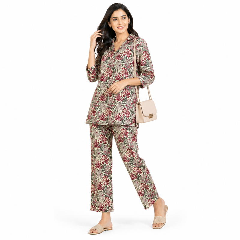 Women Beige Floral Printed Co-Ord Set – Stylish Kurti Pant Set