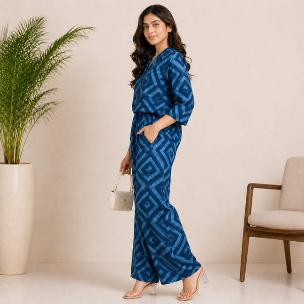 Women Navy Blue Geometric Print Co-Ord Set – Premium Relaxed Shirt & Wide Leg Pants