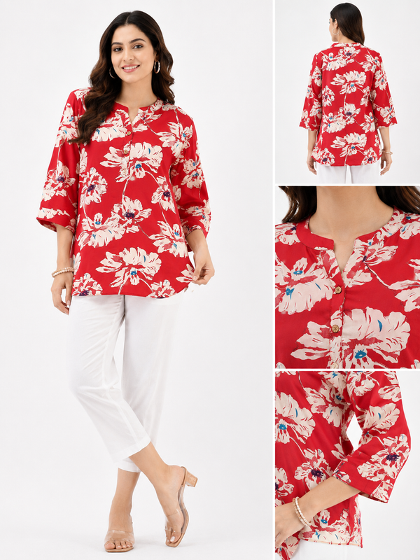 Red Floral Cotton Co-Ord Set for Women | Casual Ethnic Matching Set