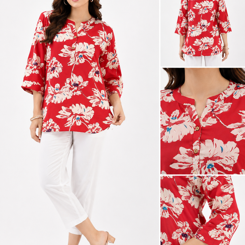 Red Floral Cotton Co-Ord Set for Women | Casual Ethnic Matching Set