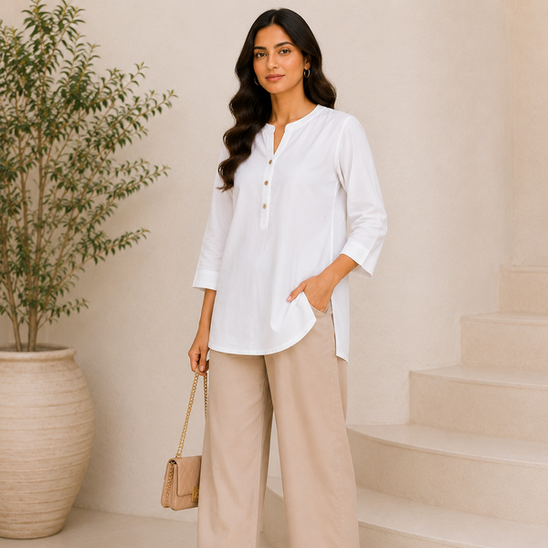 Woman in a white shirt and beige pants standing indoors with a plant and staircase in the background.