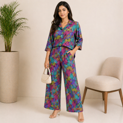 Women Multicolor Abstract Print Co-Ord Set – Premium Shirt & Wide Leg Pant Set