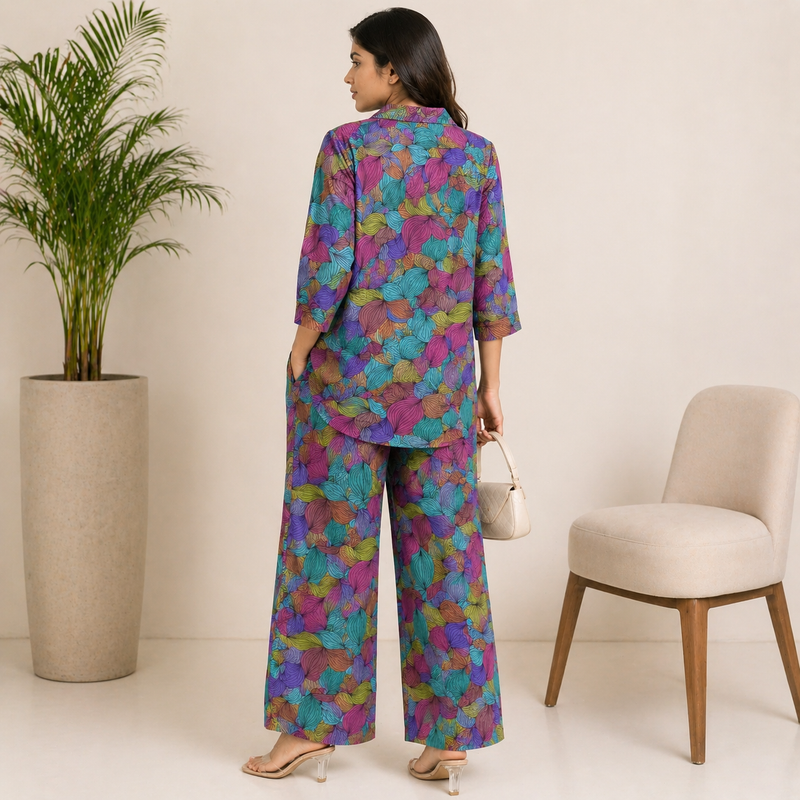 Women Multicolor Abstract Print Co-Ord Set – Premium Shirt & Wide Leg Pant Set