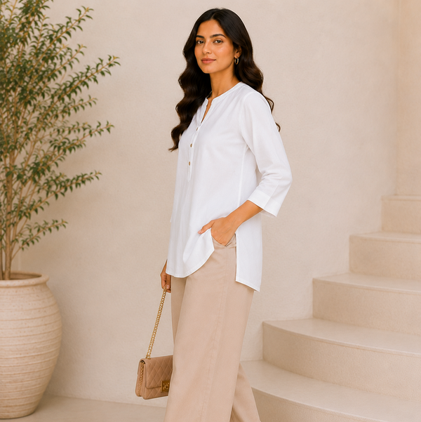 Woman in a white shirt and beige pants standing on a staircase with a plant in the background