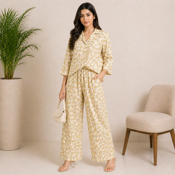 Elegant Cream Star Print Matching Set for Women
