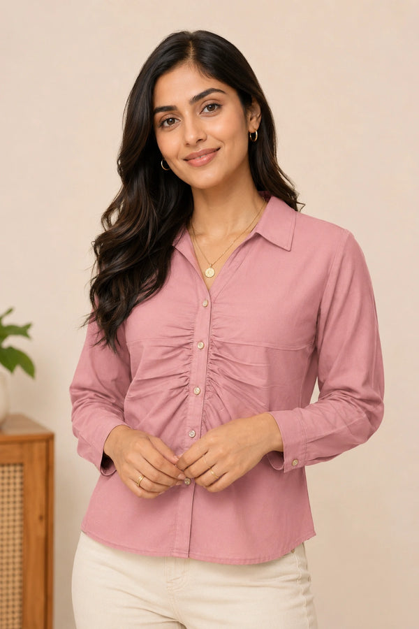 Long Sleeve Dusty Pink Button-Down Shirt with Ruched Front Detail