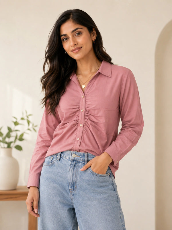 Long Sleeve Dusty Pink Button-Down Shirt with Ruched Front Detail
