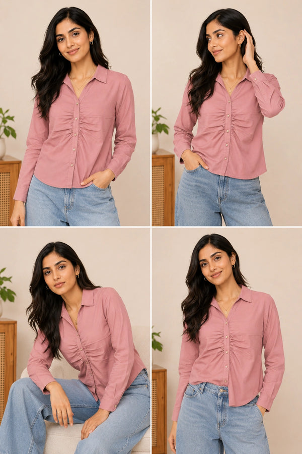 Long Sleeve Dusty Pink Button-Down Shirt with Ruched Front Detail