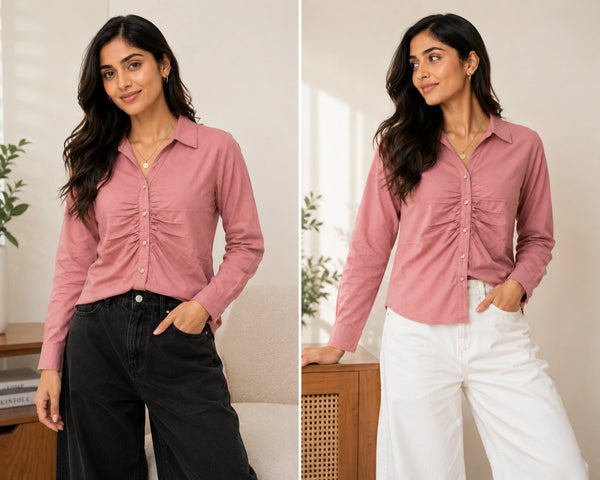 Long Sleeve Dusty Pink Button-Down Shirt with Ruched Front Detail