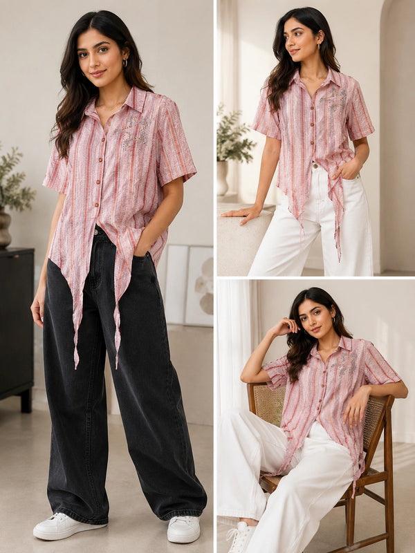 Pink Striped Button-Down Shirt with Front-Tie Hem