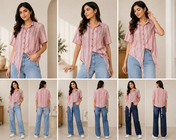Pink Striped Button-Down Shirt with Front-Tie Hem
