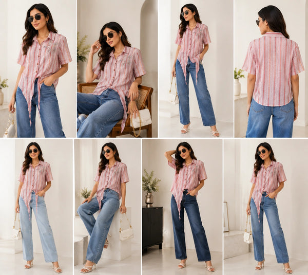Pink Striped Button-Down Shirt with Front-Tie Hem