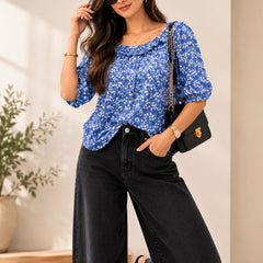 Blue Floral Ruffle Neck Blouse | Women's Casual Summer Top