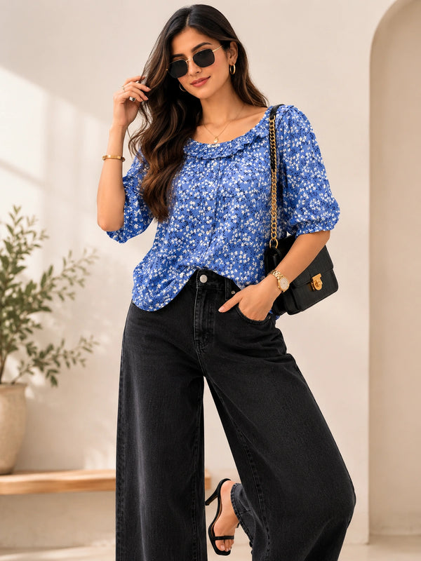 Blue Floral Ruffle Neck Blouse | Women's Casual Summer Top