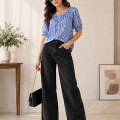 Blue Floral Ruffle Neck Blouse | Women's Casual Summer Top