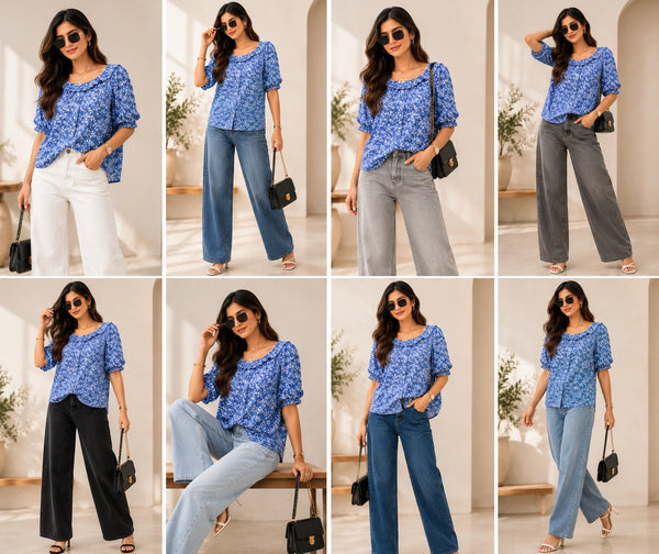 Blue Floral Ruffle Neck Blouse | Women's Casual Summer Top
