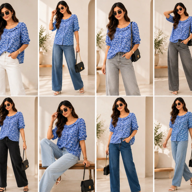 Blue Floral Ruffle Neck Blouse | Women's Casual Summer Top