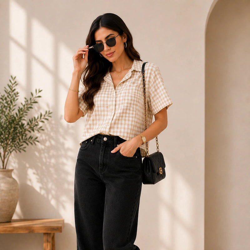 Woman in a checkered shirt and black pants standing in a bright room with sunlight filtering through.