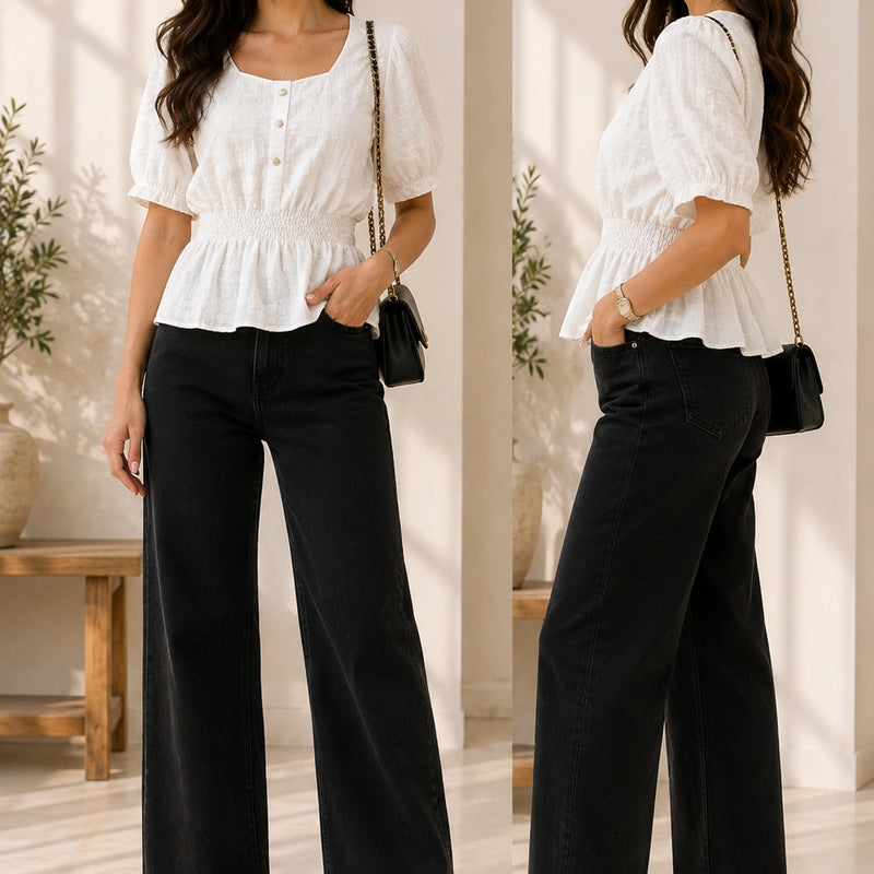 White Smocked Waist Peplum Blouse | Women's Casual Summer Top