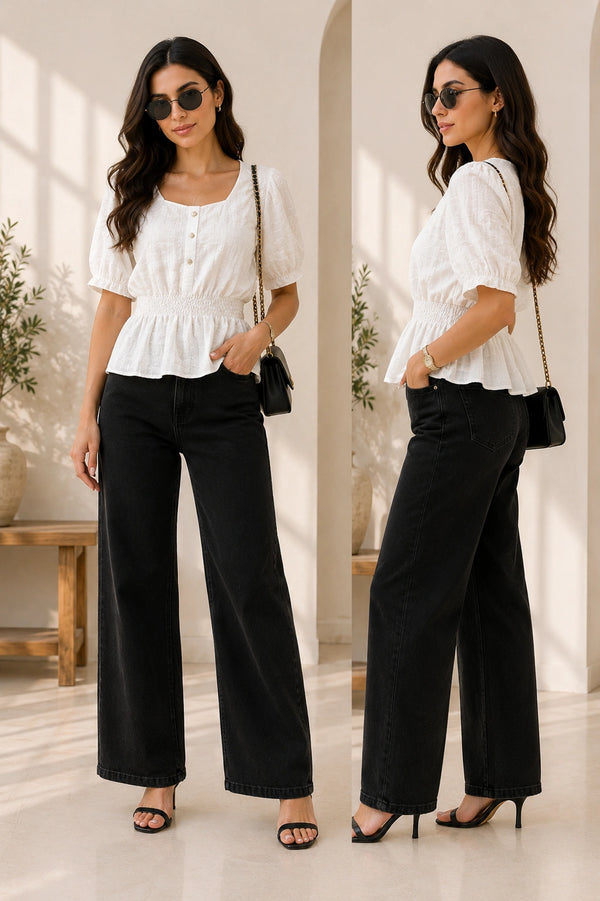 White Smocked Waist Peplum Blouse | Women's Casual Summer Top