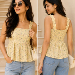 Pastel Yellow Floral Ruched Strap Peplum Top | Women's Summer Camisole