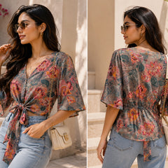 Earthy Floral Front-Tie Crop Blouse | Women's Summer Top