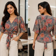 Earthy Floral Front-Tie Crop Blouse | Women's Summer Top