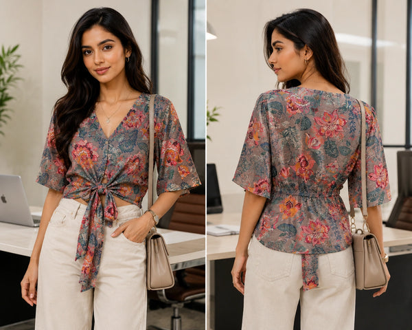 Earthy Floral Front-Tie Crop Blouse | Women's Summer Top