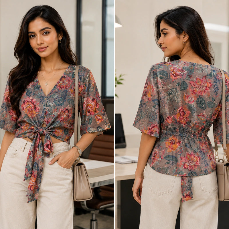 Earthy Floral Front-Tie Crop Blouse | Women's Summer Top