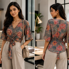 Earthy Floral Front-Tie Crop Blouse | Women's Summer Top