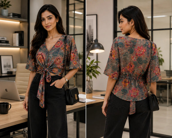 Earthy Floral Front-Tie Crop Blouse | Women's Summer Top