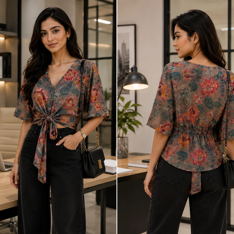 Earthy Floral Front-Tie Crop Blouse | Women's Summer Top