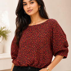 Red Leopard Print Balloon Sleeve Blouse | Women's Casual Fashion Top